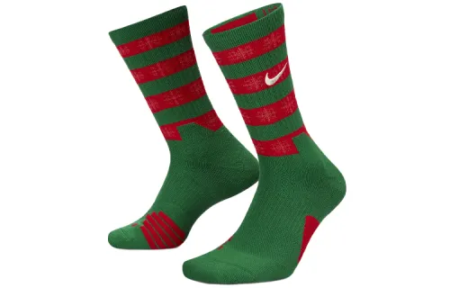 Nike Elite Xmas Crew Contrast Striped Basketball Sports Medium Socks Couple Style 1 Pair Pack Christmas Green