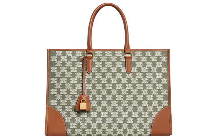 CELINE Cabas Embroidery Fabric Tote Handbag, Handbag, Shoulder Bag Women's Khaki Green