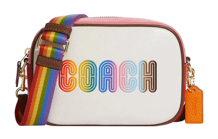COACH Jamie Pebbled Leather Camera Bag, Shoulder Bag, Crossbody Bag Small Women's White & Rainbow