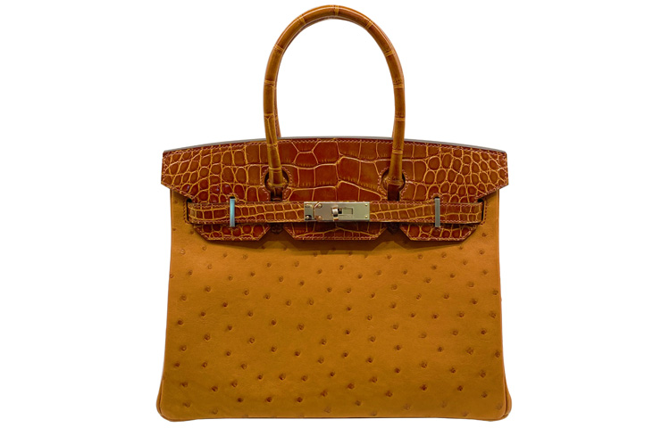HERMES Birkin Ostrich Leather Vs Polished Crocodile Leather Birkin Bag Handbag 30 Women's 37 Gold Brown