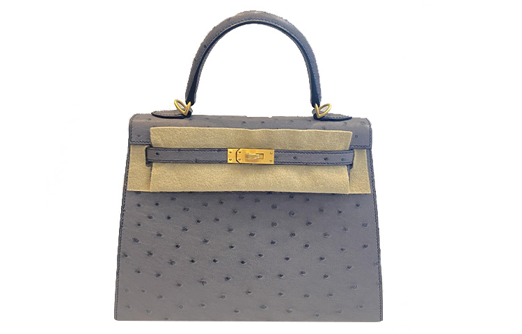 HERMES Hermès Kelly 25 Kelly Bag Ostrich Leather Brushed Gold Buckle Handbag Women's Gris Agate/9R Agate Gray Interior with Lemon Yellow