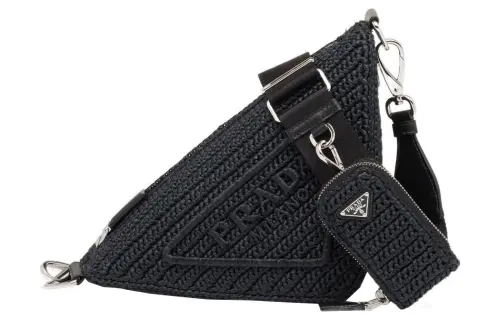 PRADA Triangle Raffia Fiber Handbag, Shoulder Bag, Crossbody Bag Women's Black