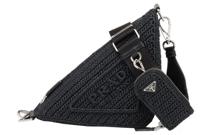PRADA Triangle Raffia Fiber Handbag, Shoulder Bag, Crossbody Bag Women's Black