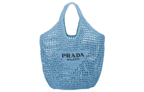 PRADA Raffia Fiber Tote Bag, Shopping Bag, Shoulder Bag Women's Sky Blue