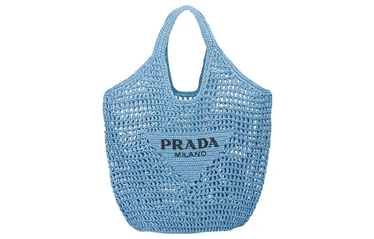 PRADA Raffia Fiber Tote Bag, Shopping Bag, Shoulder Bag Women's Sky Blue