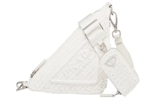 PRADA Triangle Straw Woven With Wicker Woven And Raffia Fiber Shoulder Bag, Crossbody Bag Women's White