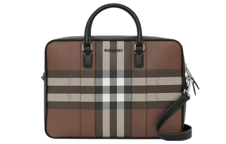 Burberry Plaid With Leather Briefcase, Shoulder Bag, Crossbody Bag, Handbag Regular Men's Dark Birch Brown