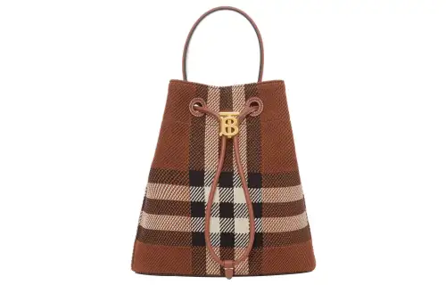 Burberry Knitted Fabric Plaid With Leather Bucket Bag, Portable Crossbody Bag, Shoulder Bag Small Women's