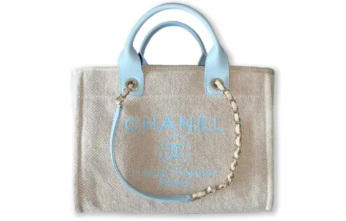 CHANEL Fiber Material Gold Chain Tote Bag, Shopping Bag, Handbag Small Women's Beige & Blue