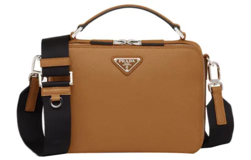PRADA BriqueSaffiano Leather Handbag, Shoulder Bag, Crossbody Bag Men's Cinnamon