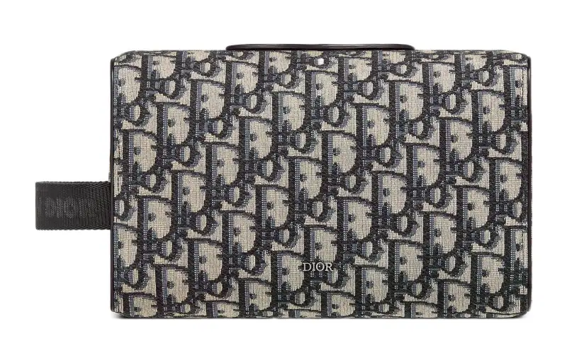 DIOR Lingot Print Jacquard Fabric Makeup Bag, Storage Bag, Clutch, Handbag, Toiletry Bag Men's Beige Black