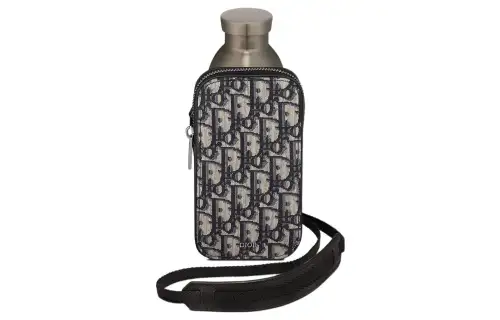 DIOR Aqua Oblique Printed Fabric Black Grain Cow Leather Cell Phone Pouch Unisex Beige/Black