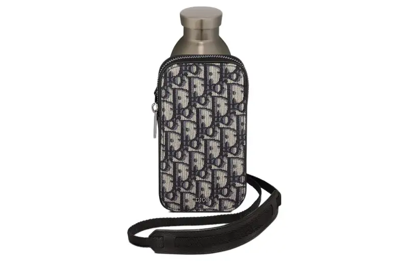 DIOR Aqua Oblique Printed Fabric Black Grain Cow Leather Cell Phone Pouch Unisex Beige/Black