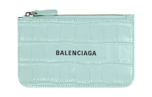 Balenciaga Cash Bright Crocodile Pattern Embossed Cow Leather Coin Purse, Card Holder Large Women's Green
