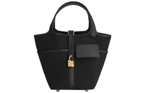HERMES Picotin Lock Goeland Canvas With Swift Calfskin Basket Bag, Bucket Bag, Handbag 18 Women's 89 Noir Black