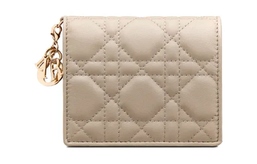 DIOR Lady Dior Sheepskin Wallet, Card Holder Mini Women's Natural Khaki