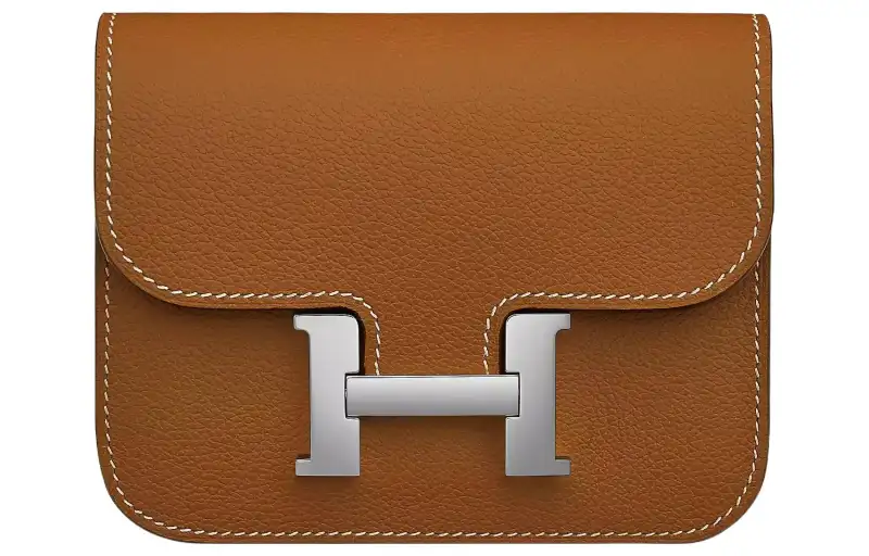 HERMES Constance Slim Silver Tone Buckle Evercolor Calfskin Wallet, Card Holder, Fanny Pack Women's 37 Gold Brown