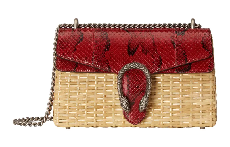 GUCCI Dionysus Natural Multicolor Wicker & Red Python Shoulder Bag, Crossbody Bag Women's Wood Color/Red