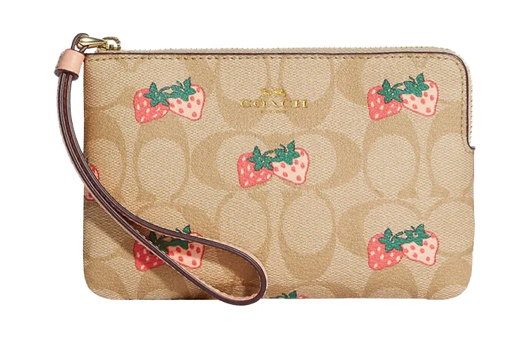 COACH Corner Zip Coated Canvas With Leather Coin Purse, Clutch Small Women's Light Khaki