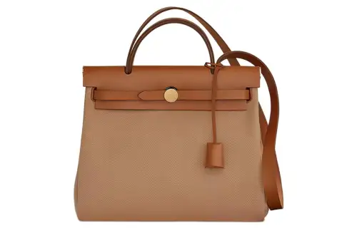 HERMES Herbag Zip Canvas With Hunter Cow Leather Shoulder Bag, Crossbody Bag, Handbag 31 Unisex Tea Brown/Light Tawny