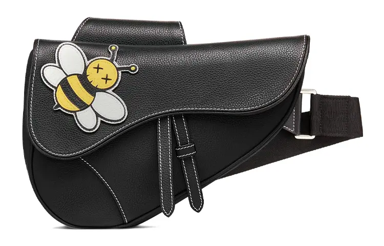 DIOR KAWS Collaboration Saddle Calfskin Bee Saddle Bag, Fanny Pack, Sling Bag, Shoulder Bag, Crossbody Bag Men's Black