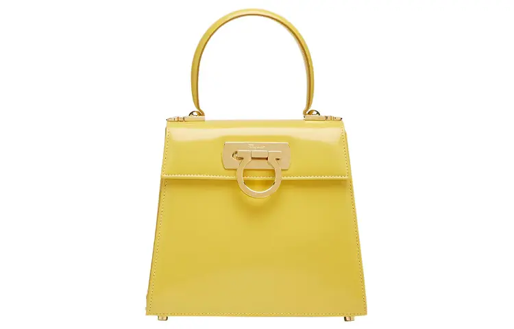 FERRAGAMO Ferragamo Iconic Top Handle Museum Gancino gold buckle brushed cowhide handbag small size women's bright yellow