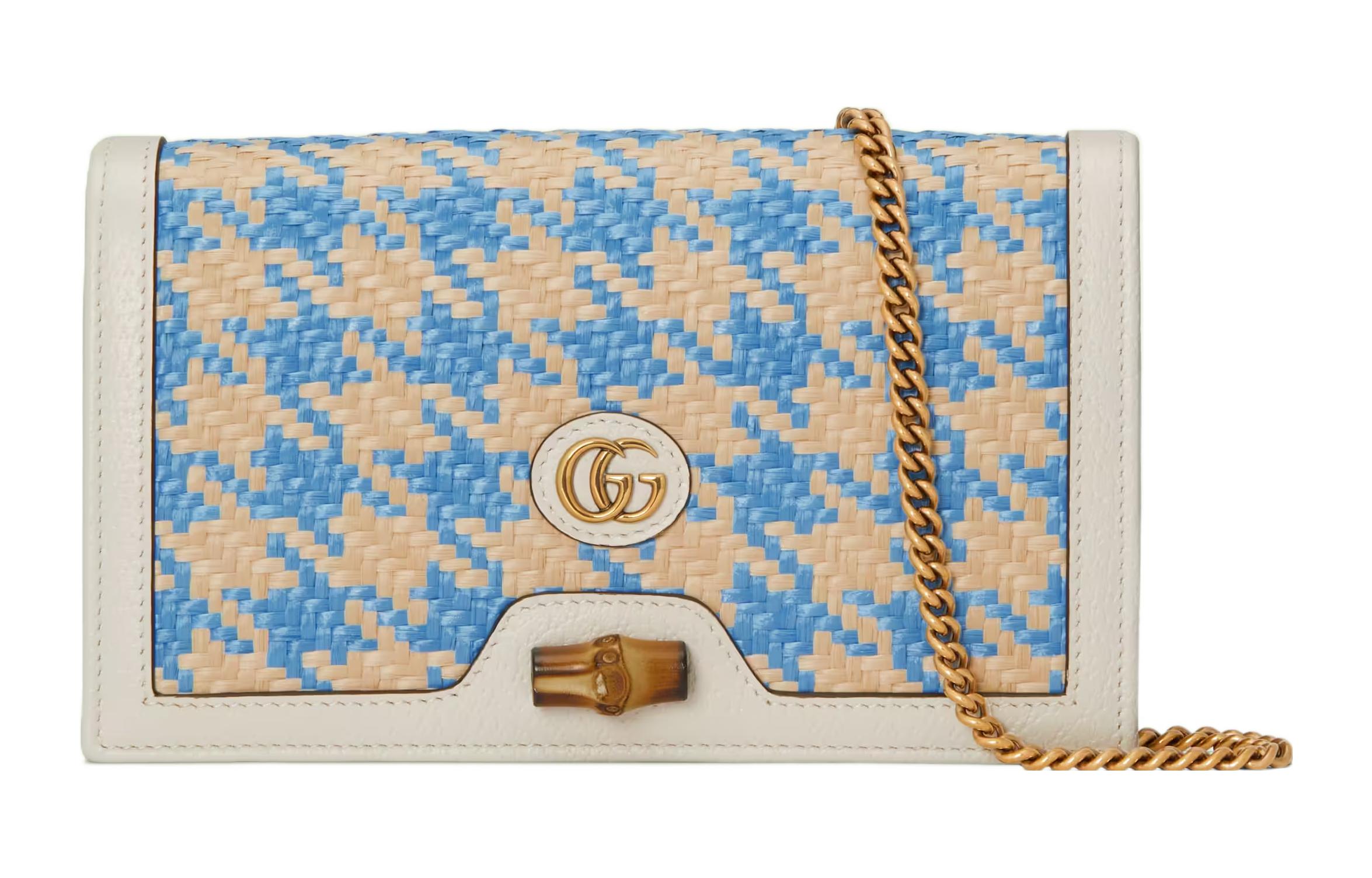 GUCCI Diana Raffia, Leather Crossbody Bag, Shoulder Bag Women's Beige/Light Blue