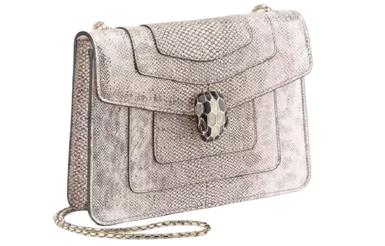 BVLGARI Karung Water Snake Skin Chain Bag, Shoulder Bag, Crossbody Bag Women's Beige