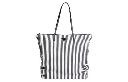 PRADA Black White Stripes Nylon Handbag Women's Black/White