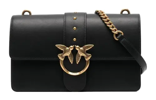 PINKO Cow Leather Bird Bag, Swallow Bag, Crossbody Bag, Shoulder Bag Women's Black & Gold