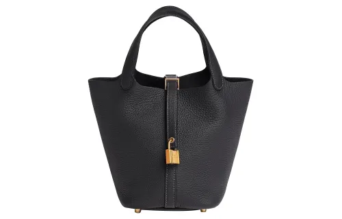 HERMES Picotin Lock Clemence Bullock Leather Basket Bag, Bucket Bag, Handbag 18 Women's 3Y Caban Black Tweed