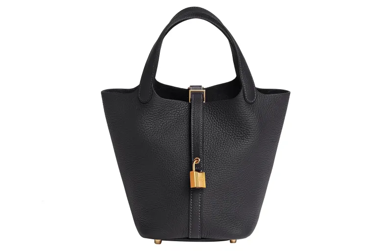 HERMES Picotin Lock Clemence Bullock Leather Basket Bag, Bucket Bag, Handbag 18 Women's 3Y Caban Black Tweed