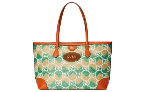 GUCCI Straw Fabric Tote Bag, Shopping Bag, Shoulder Bag, Handbag Women's Green/Yellow Orange