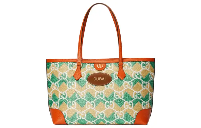 GUCCI Straw Fabric Tote Bag, Shopping Bag, Shoulder Bag, Handbag Women's Green/Yellow Orange