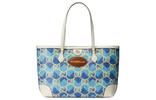 GUCCI Straw With Leather Tote Bag, Shopping Bag, Shoulder Bag Women's Blue/Ecru