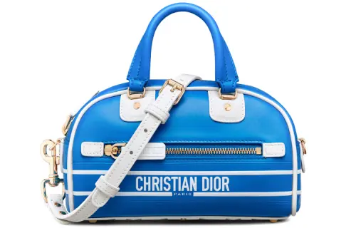 DIOR Zip Closure Smooth Cow Leather Bowling Bag, Handbag Mini Women's Fluorescent Blue/White