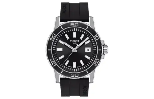TISSOT GENT Quartz Movement Men's Watches Watch 44mm Black Dial Stainless Steel Case Rubber Strap
