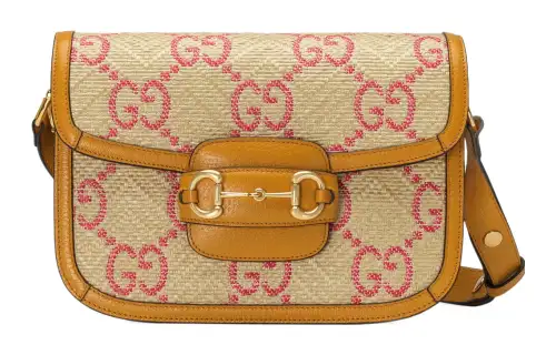GUCCI Horsebit 1955 Raffia Effect With Leather Saddle Bag, Shoulder Bag Small Women's Beige & Yellow & Red