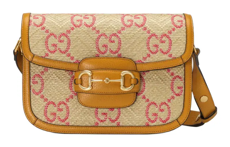 GUCCI Horsebit 1955 Raffia Effect With Leather Saddle Bag, Shoulder Bag Small Women's Beige & Yellow & Red