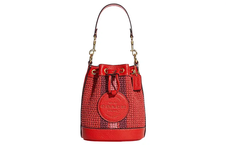 COACH Dempsey Straw With Leather Bucket Bag, Handbag, Shoulder Bag, Crossbody Bag Mini Women's Miami Red