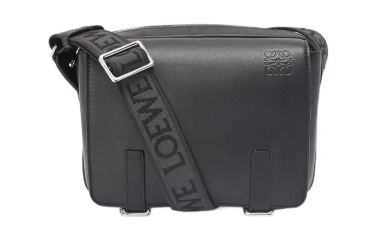 LOEWE Military Cow Leather With Jacquard Fabric Messenger Bag, Crossbody Bag, Shoulder Bag Small Men's Black
