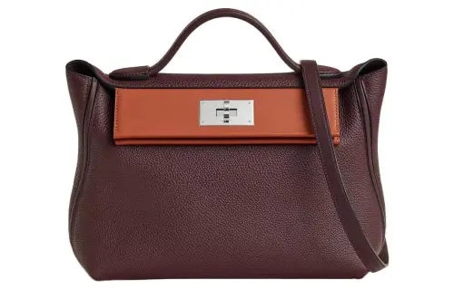 HERMES 24/24 Togo Leather With Swift Leather Handbag Regular Women's Copper Red & Saddle Equipment Red