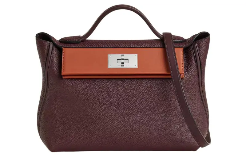 HERMES 24/24 Togo Leather With Swift Leather Handbag Regular Women's Copper Red & Saddle Equipment Red
