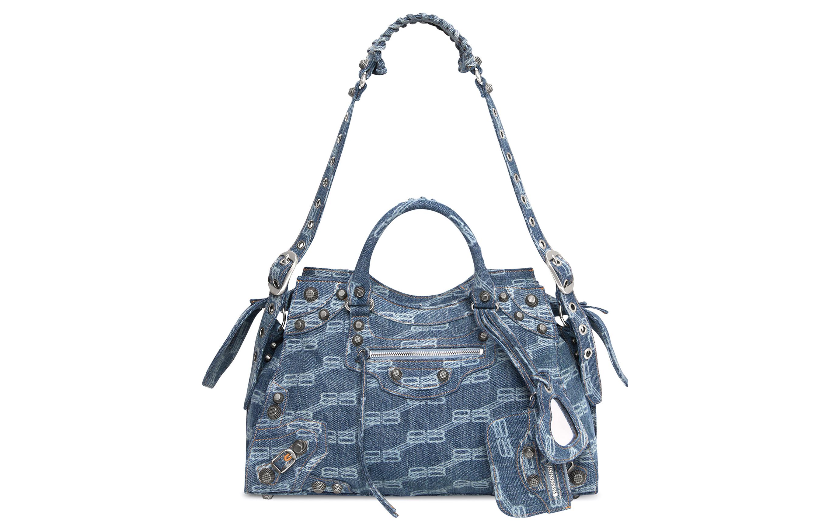 Balenciaga Balenciaga BB MONOGRAM NEO CAGOLE CITY series knotted pull-tab heart-shaped mirror denim bleached denim shoulder handbag regular women's blue