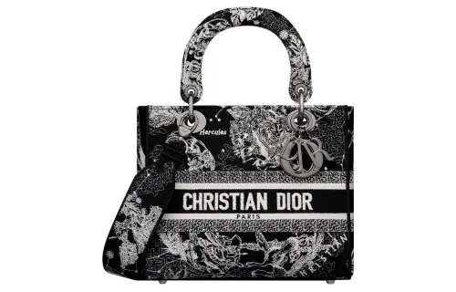 DIOR Lady D Lite Embroidery Handbag, Shoulder Bag, Crossbody Bag, Handbag Medium Women's Black