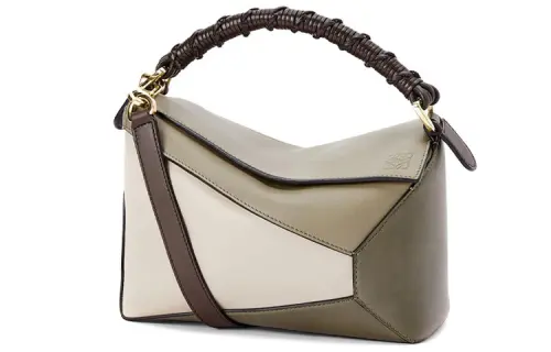 LOEWE Puzzle Napa Calf Leather Handheld Shoulder Bag, Crossbody Bag Small Women's Olive Green With Oat