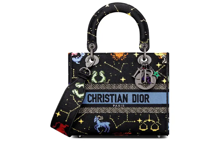 DIOR Lady D Lite Embroidery Handbag, Shoulder Bag, Crossbody Bag, Handbag Medium Women's Black