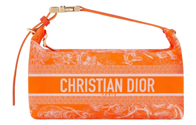 DIOR Embroidery Lunch Bag Clutch Handbag Medium Women's Fluorescent Orange