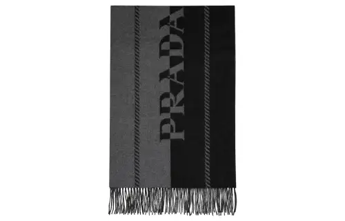 PRADA Logo Detailed Fringed Knitted Scarf
