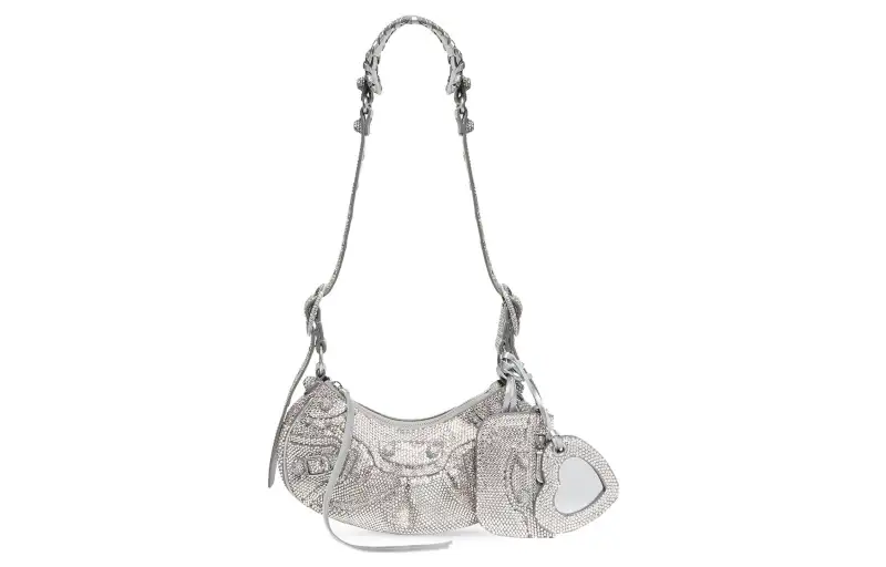 Balenciaga Le Cagole Shoulder Bag Xs Grey Suede With Rhinestones